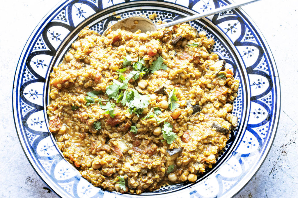 aubergine and chickpea dhal in bowl