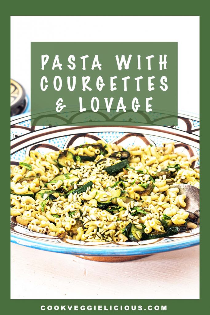 pasta in bowl with courgettes and lovage