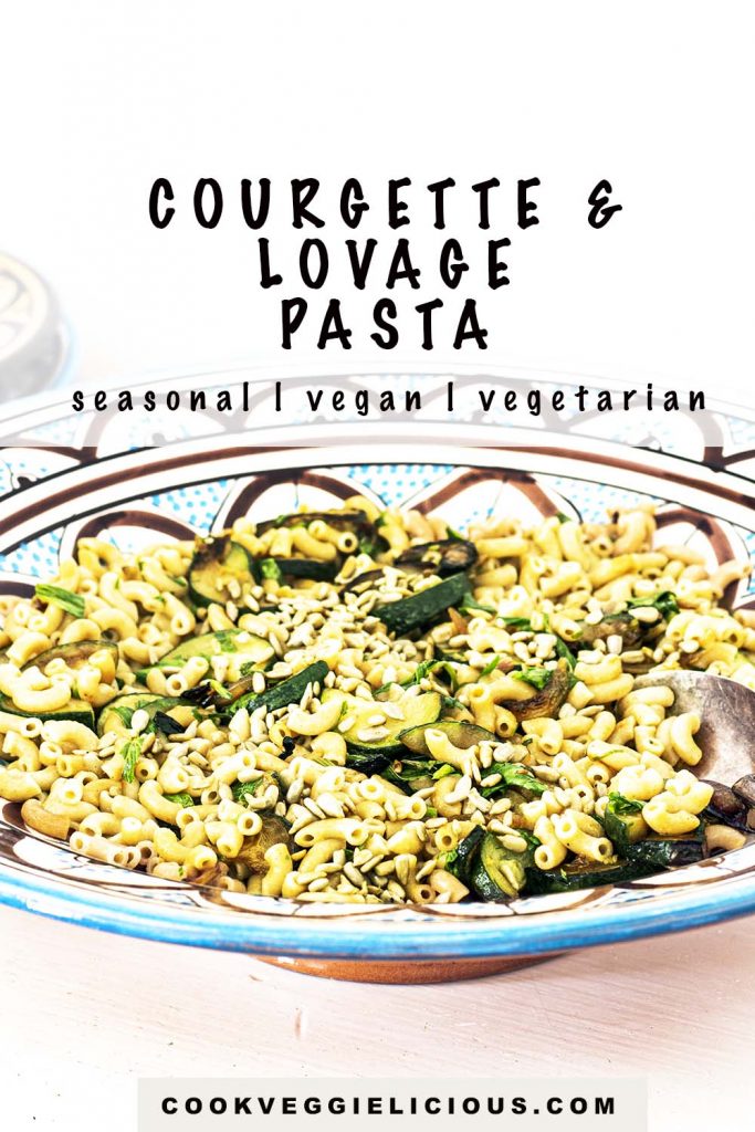 pasta in bowl with courgettes and lovage