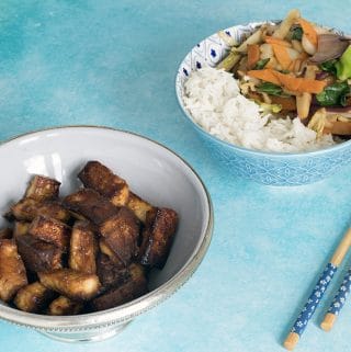 vegan baked marinated tofu with ginger and maple syrup