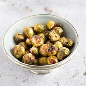 roasted brussels sprouts in grey bowl