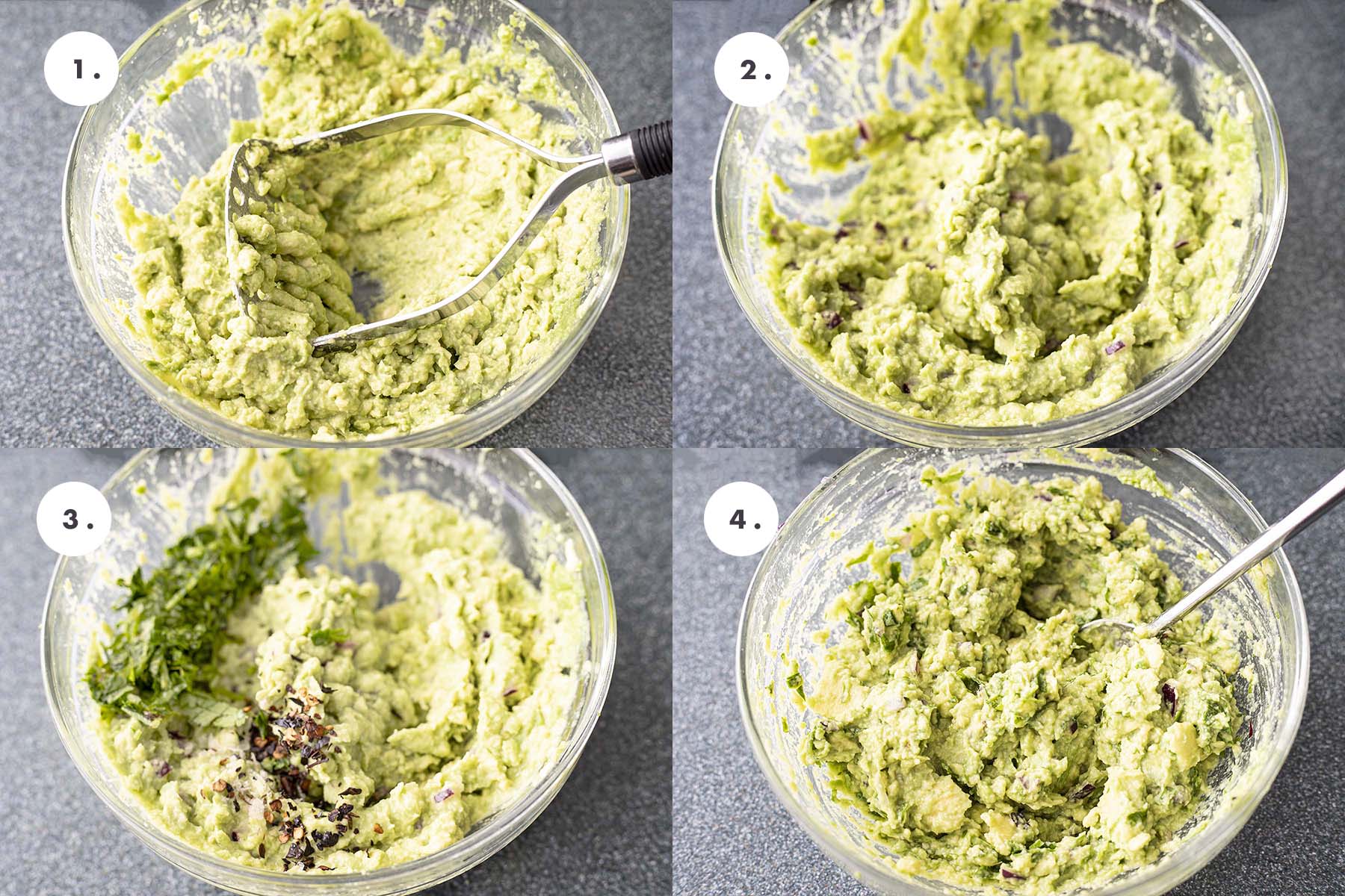 four stages of making guacamole
