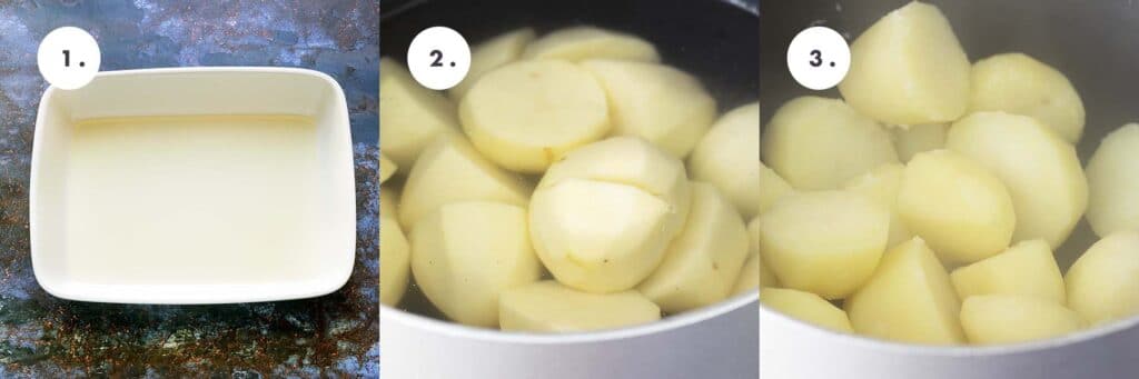 dish with oil; potatoes in pan; parboiled potatoes in pan
