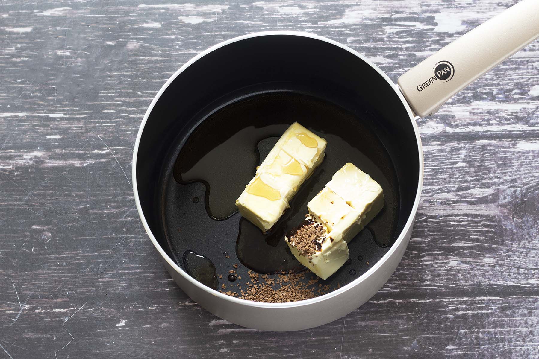vegan butter, syrup, coffee in saucepan