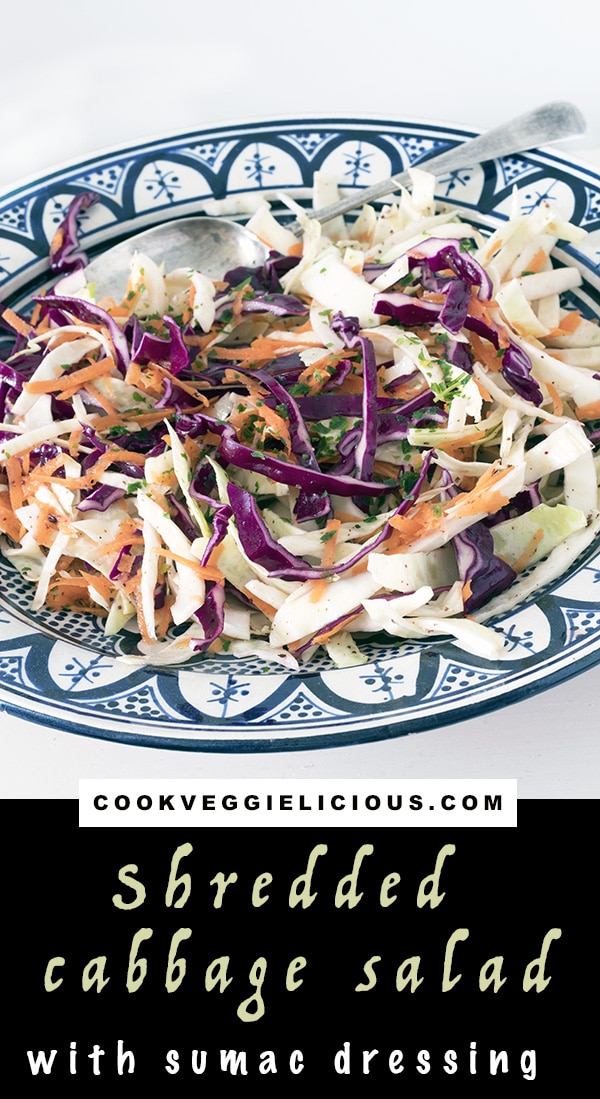 vegan cabbage salad in blue bowl by Cook Veggielicious