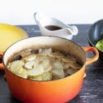 vegan hot pot with cabbage and gravy in background