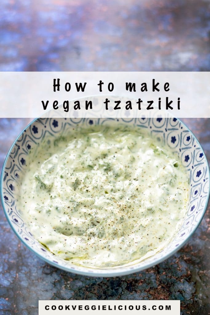 vegan tzatziki in blue and white bowl