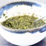 mint sauce in blue and white bowl