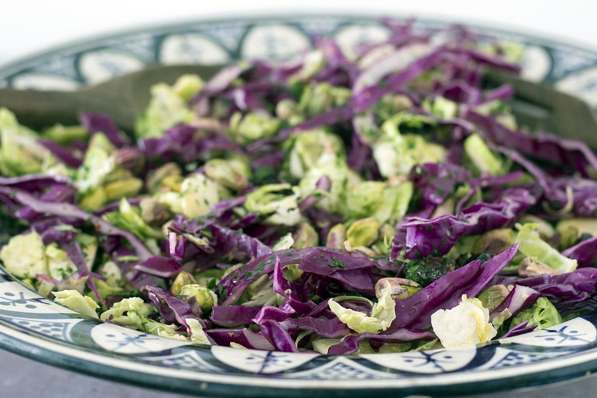 Brussels sprouts and red cabbage salad in bowl