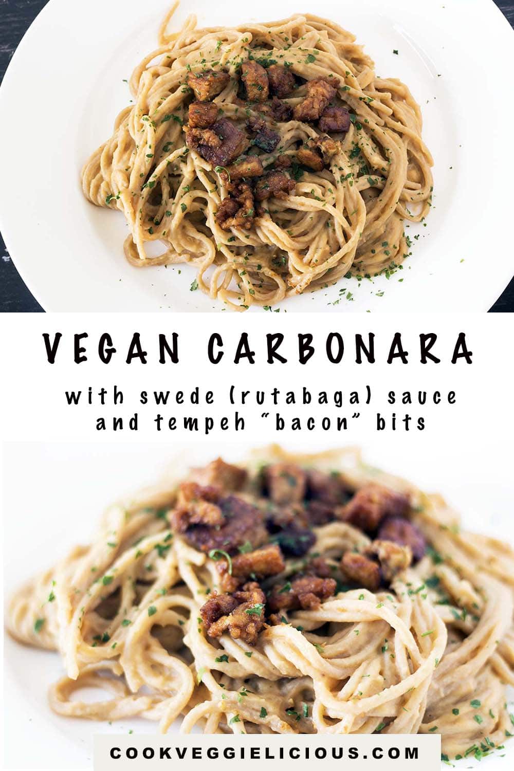Vegan carbonara with swede and tempeh "bacon" bits Cook Veggielicious