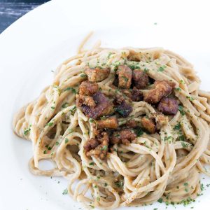 vegan carbonara made from swede with tempeh bacons