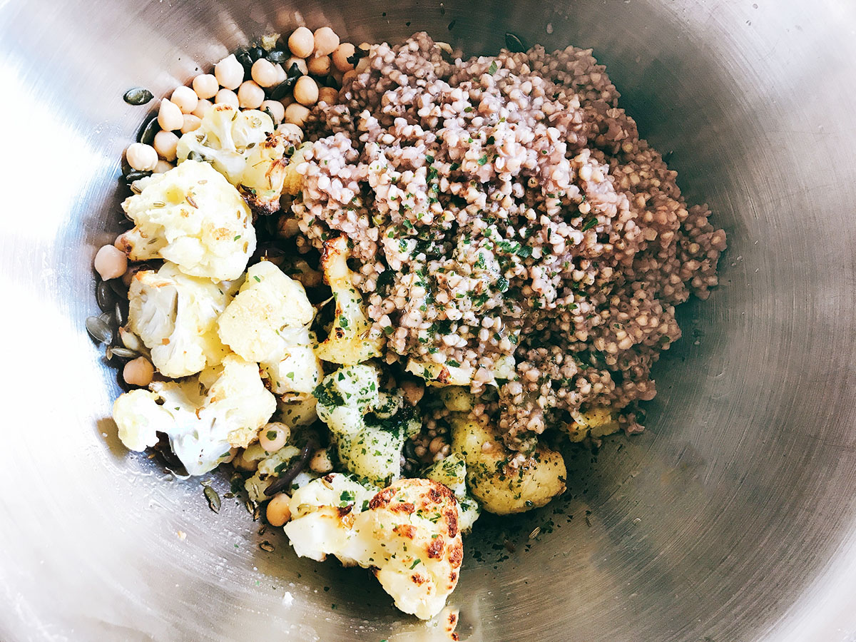 cauliflower, buckwheat and chickpeas in mixing bowl