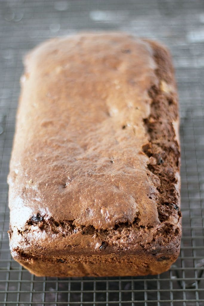 chocolate chickpea flour banana bread on cooling rack