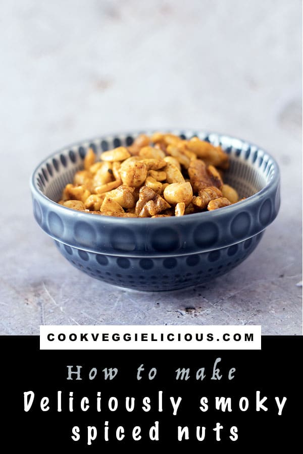 vegan spiced nuts in blue bowl by Cook Veggielicious