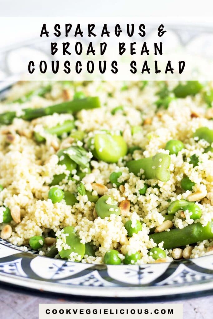 couscous with broad beans, asparagus and peas in a blue and white dish