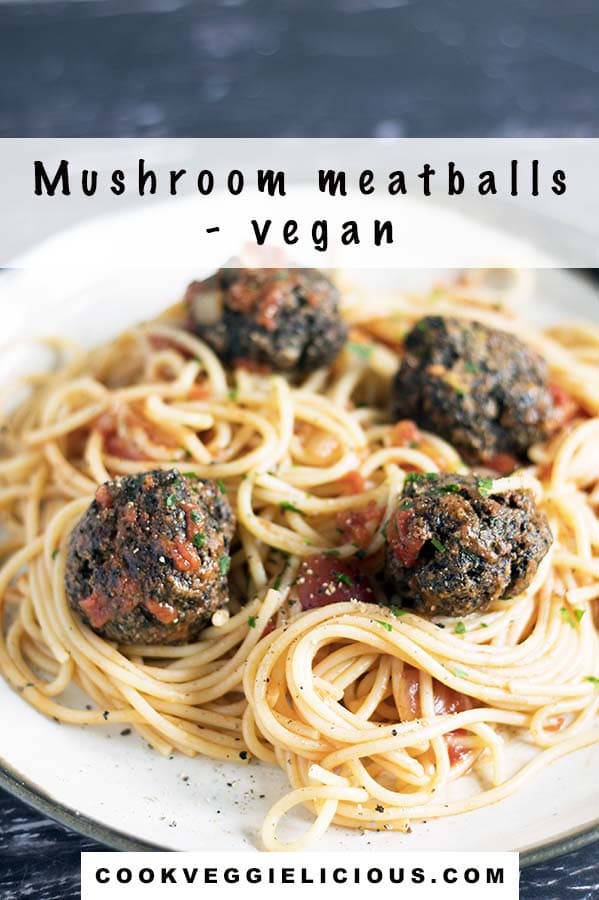 vegan mushroom meatballs and spaghetti on ceramic plate