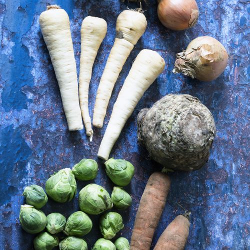 onions, parsnips, celeriac, brussels sprouts and carrots on metal background