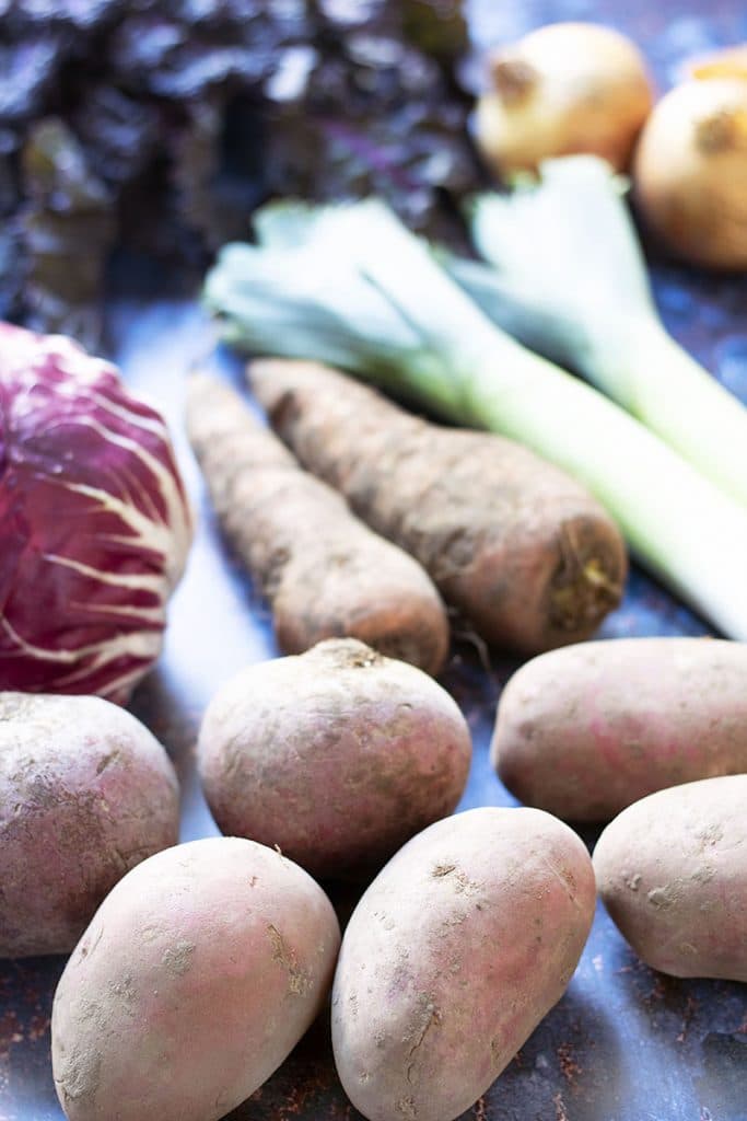 february seasonal vegetables - sprout tops, onions, leeks, carrots, potatoes, radicchio