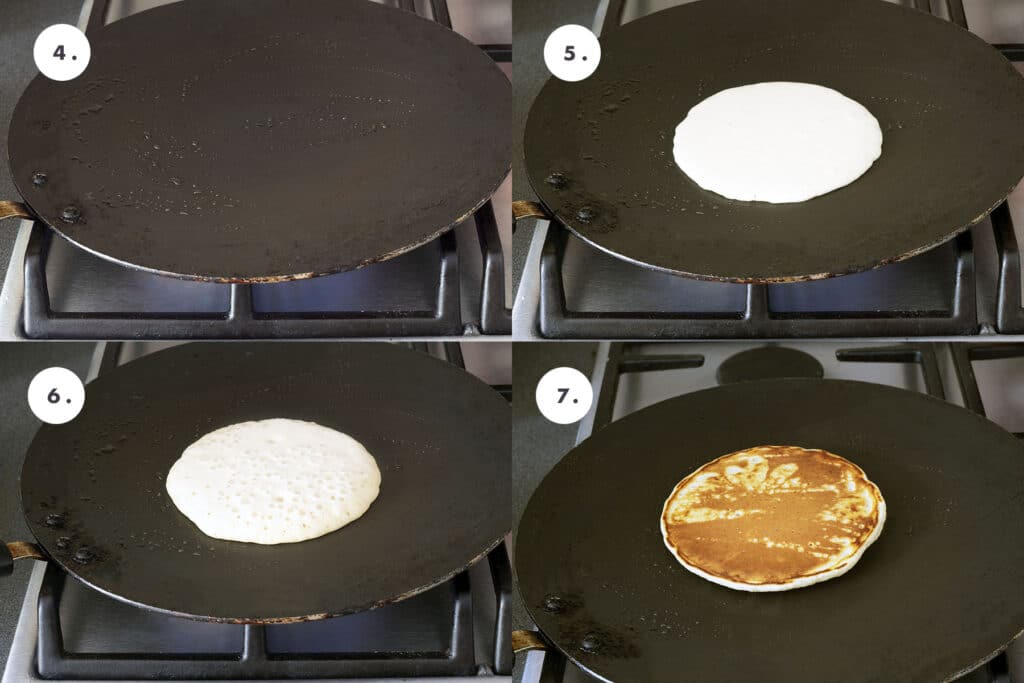 vegan pancakes cooking in stages