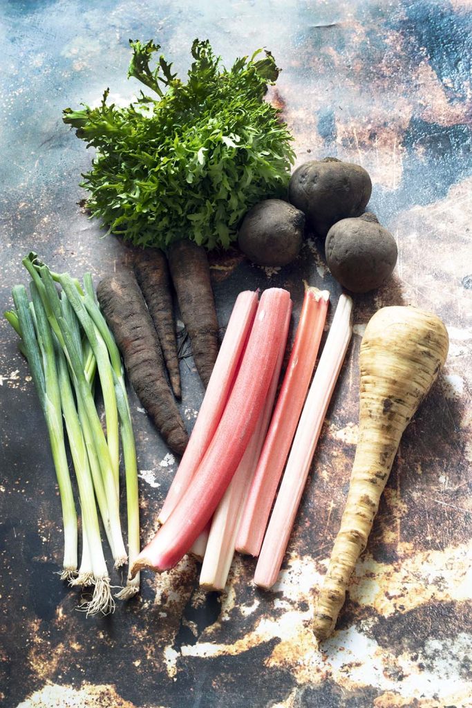 spring onions, carrots, lettuce, beetroots, parsnip, rhubarb