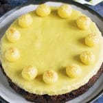 overhead shot of vegan easter simnel cake on ceramic plate