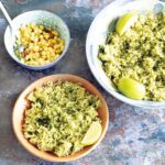 green rice with lime wedges