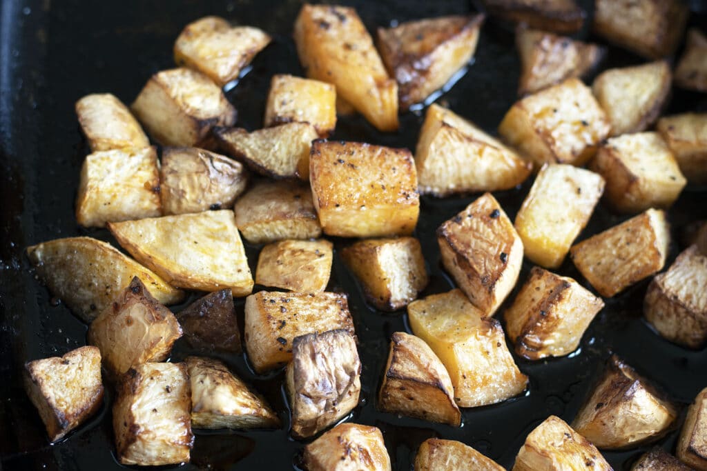 overhead photo of roasted swede cubes