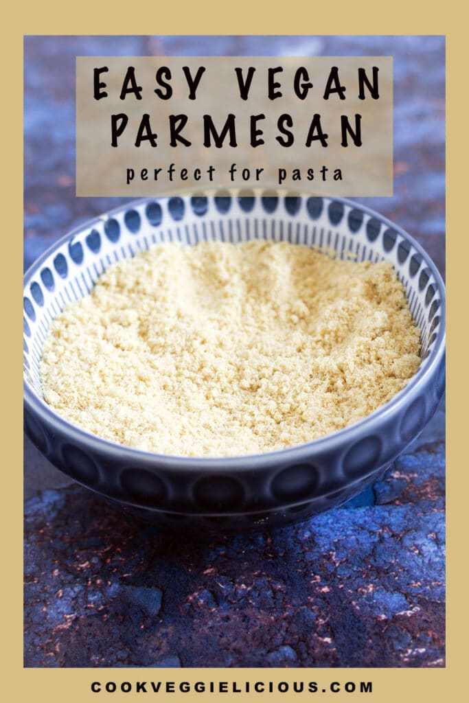 vegan parmesan cheese made with almonds in blue and white bowl