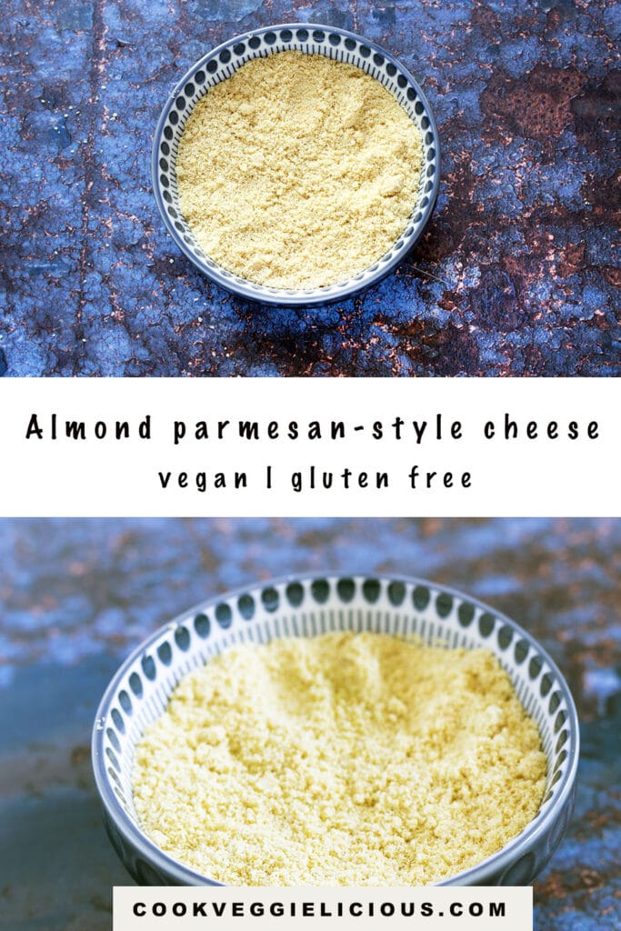 vegan parmesan cheese made with almonds in blue and white bowl