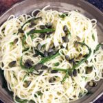 lemon and samphire spaghetti on ceramic plate
