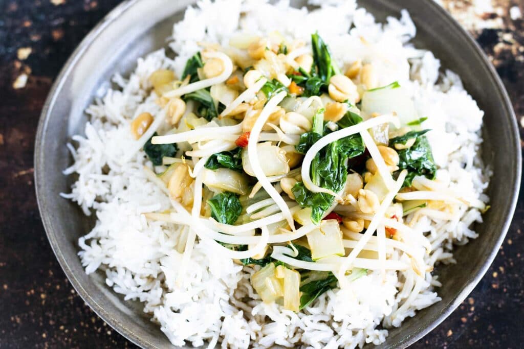 stir fried pak choi with white rice