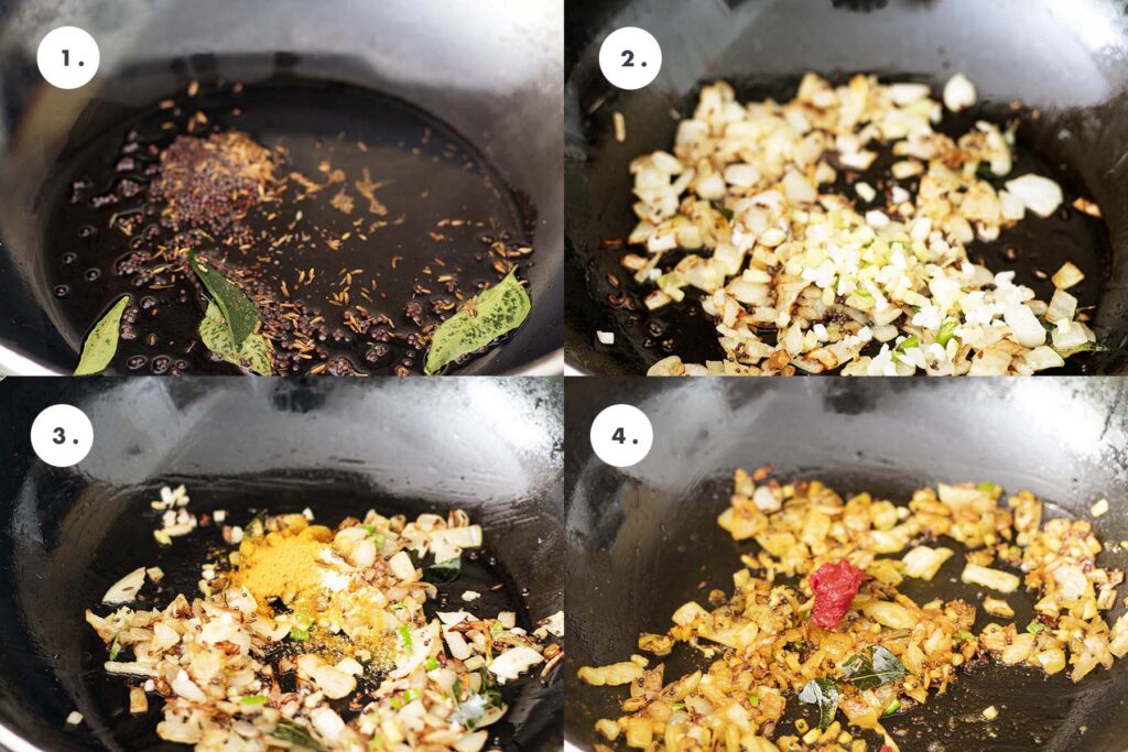 stages 1, 2, 3 & 4 of cooking brussels sprouts curry in frying pan