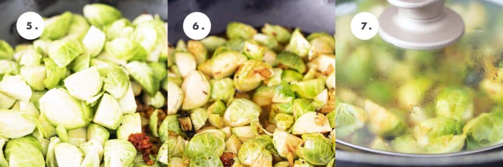 stages 5, 6 & 7 of cooking brussels sprouts curry in frying pan