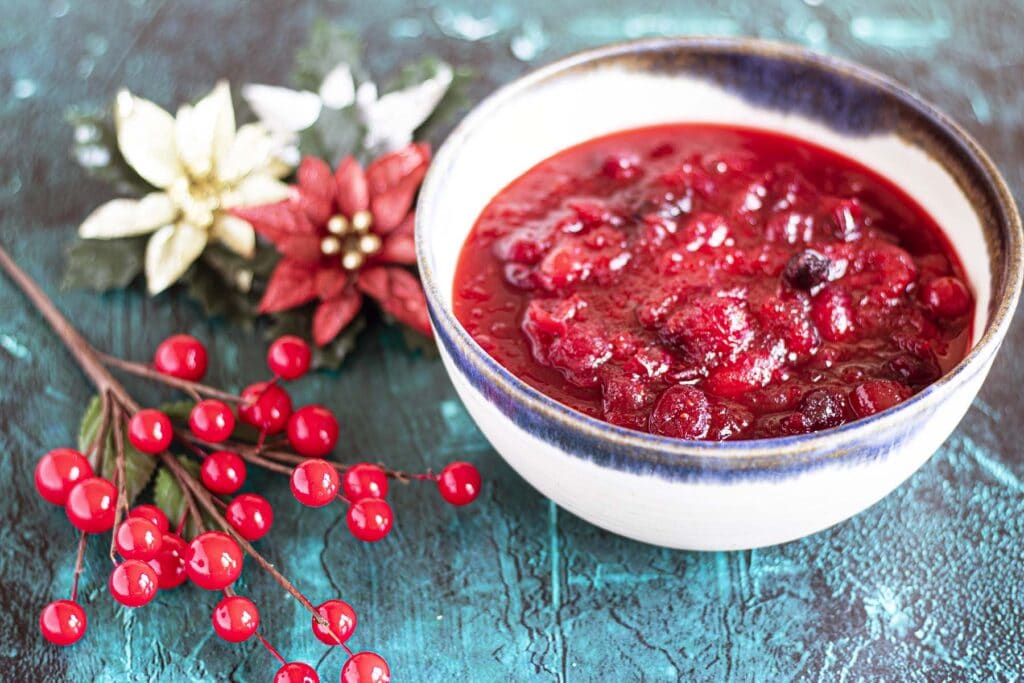 cranberry sauce in bowl with Christmas decorations