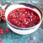 cranberry sauce in bowl with Christmas decorations