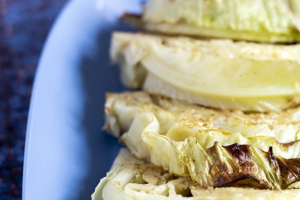 close up shot of roasted cabbage wedges