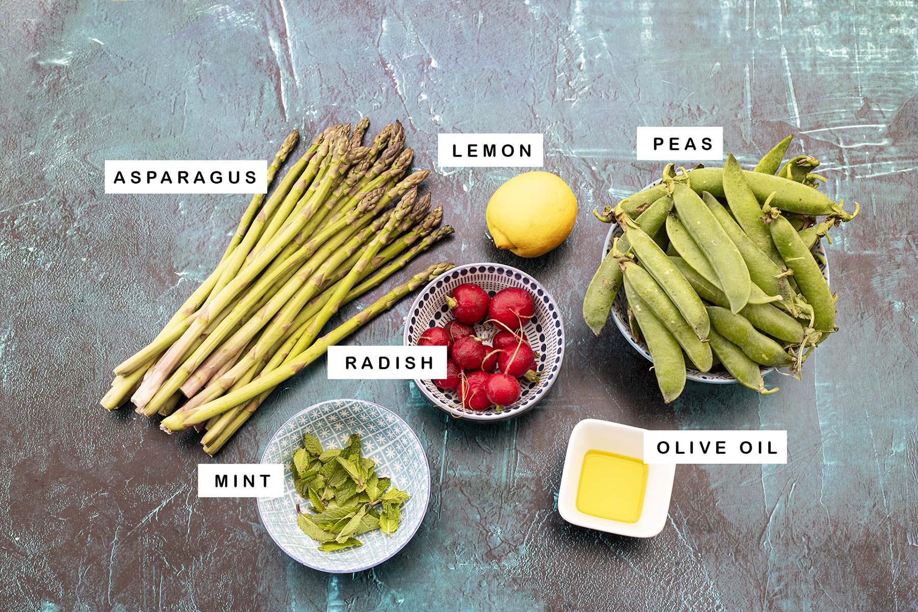 ingredients for asparagus and pea salad