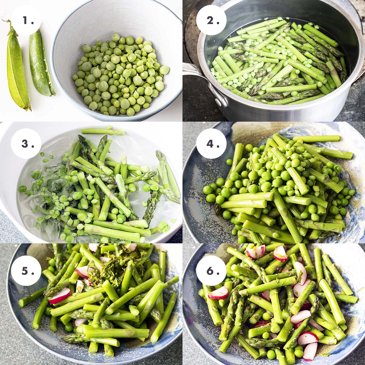 stages of making asparagus and pea salad