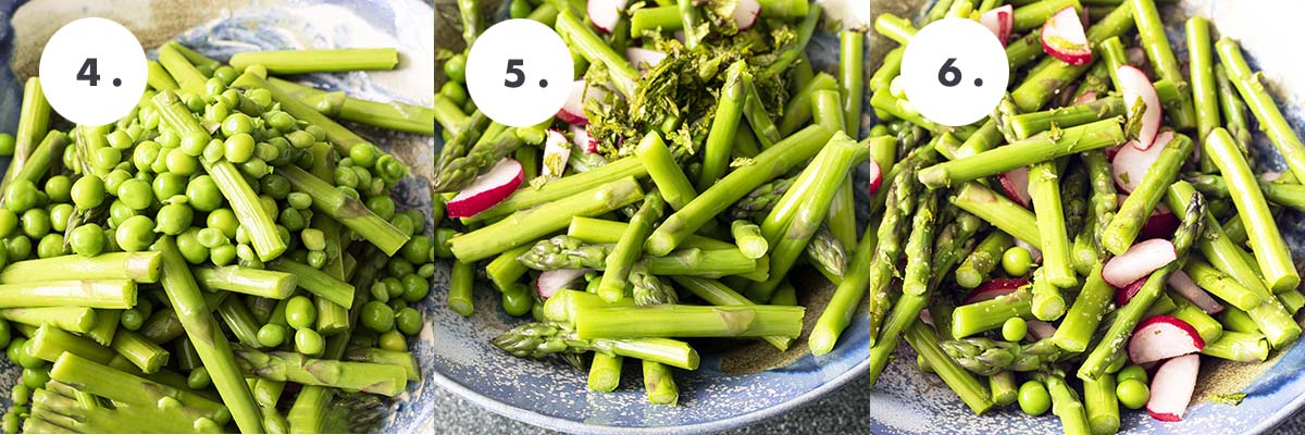 stages of making asparagus and pea salad