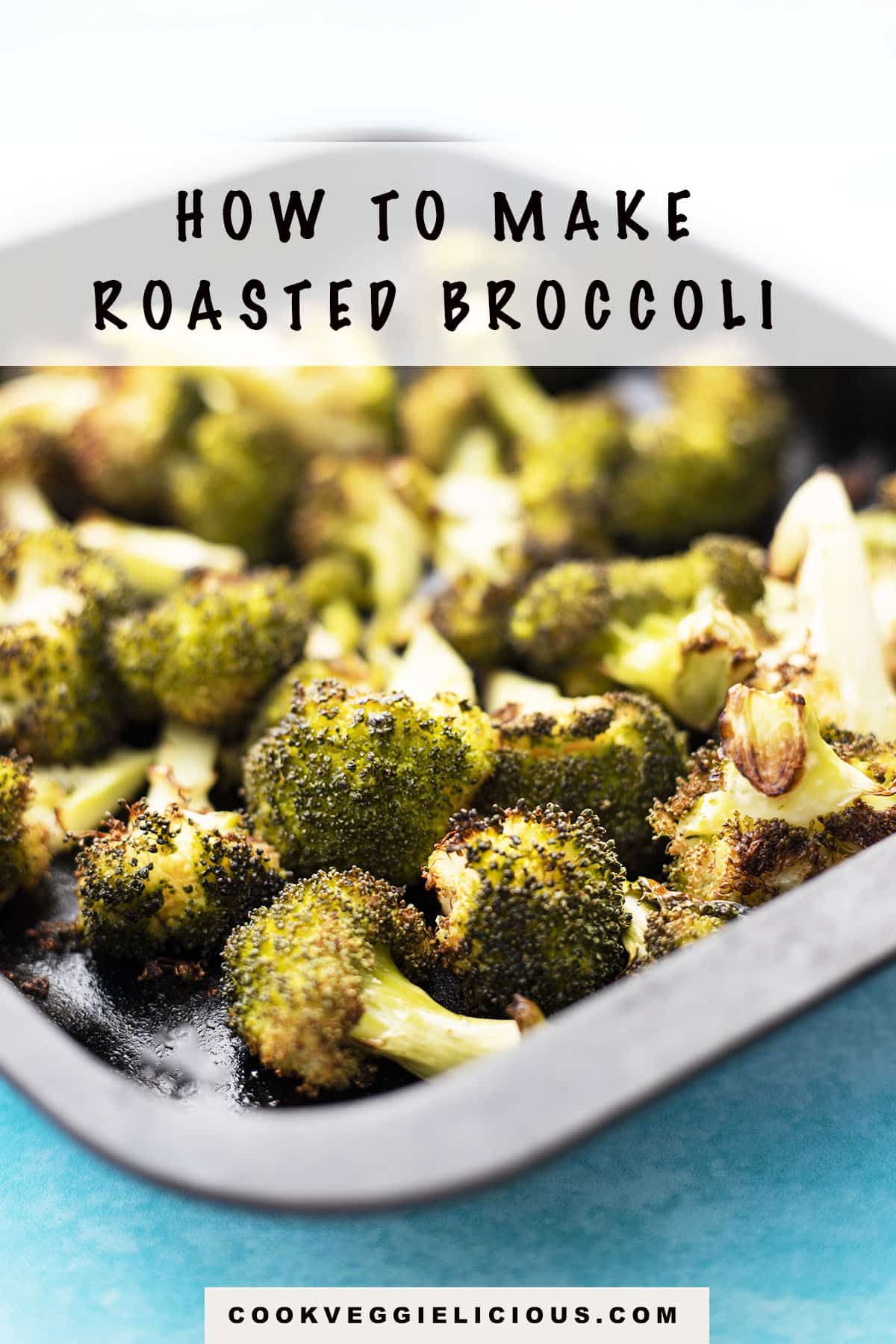 roasted broccoli in black roasting tin